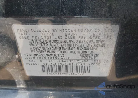 2021 Nissan Versa Sv from USA, damaged, VIN 3N1CN8EV4ML851702